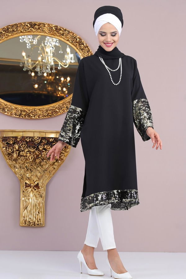 Düz Orta Kadın Siyah Pullu Tunik Siyah - 02 6924 - 6924 SİYAH