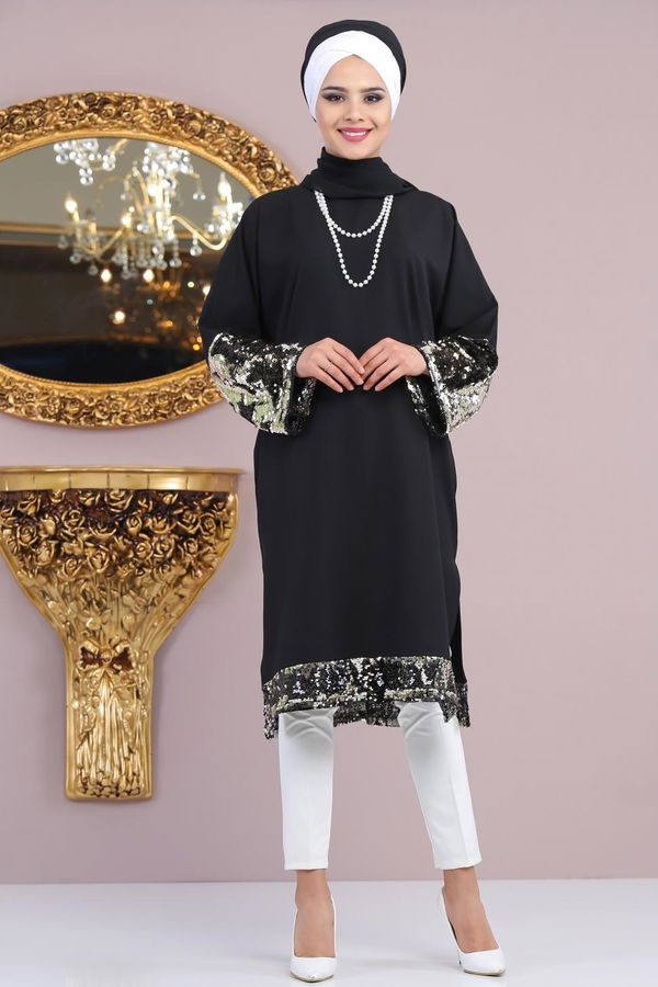 Düz Orta Kadın Siyah Pullu Tunik Siyah - 02 6924 - 6924 SİYAH
