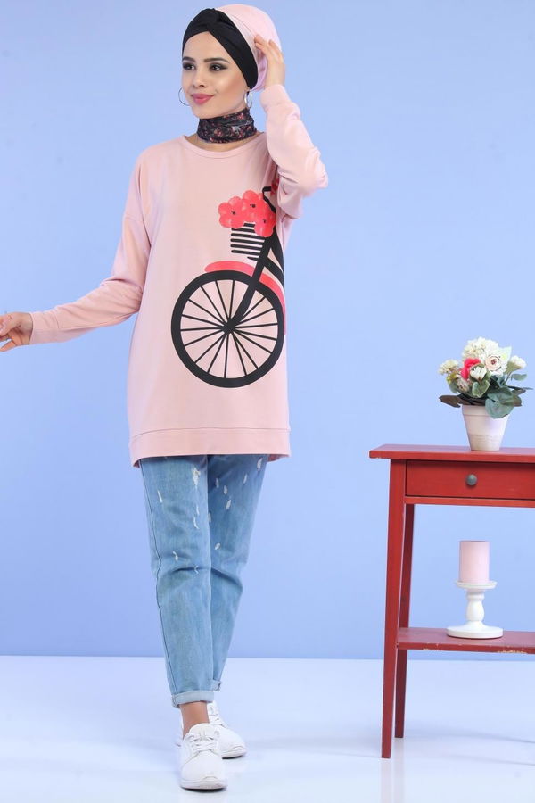 Düz Orta Kadın Pembe Baskılı Tunik Lacivert  - 5110 PEMBE