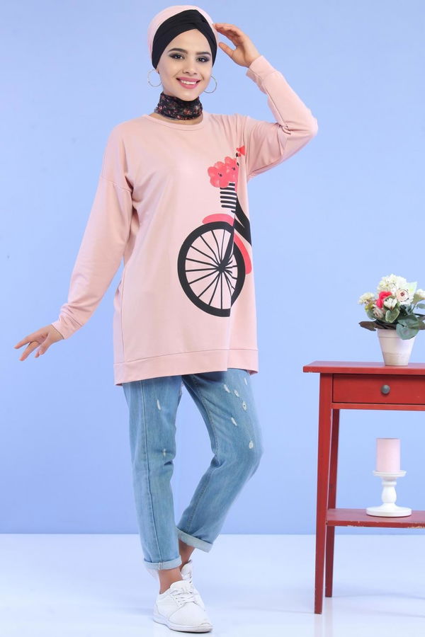 Düz Orta Kadın Pembe Baskılı Tunik Lacivert  - 5110 PEMBE