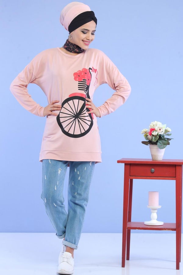 Düz Orta Kadın Pembe Baskılı Tunik Lacivert  - 5110 PEMBE