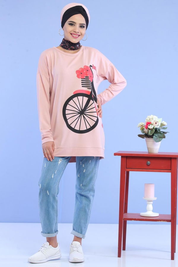 Düz Orta Kadın Pembe Baskılı Tunik Lacivert  - 5110 PEMBE