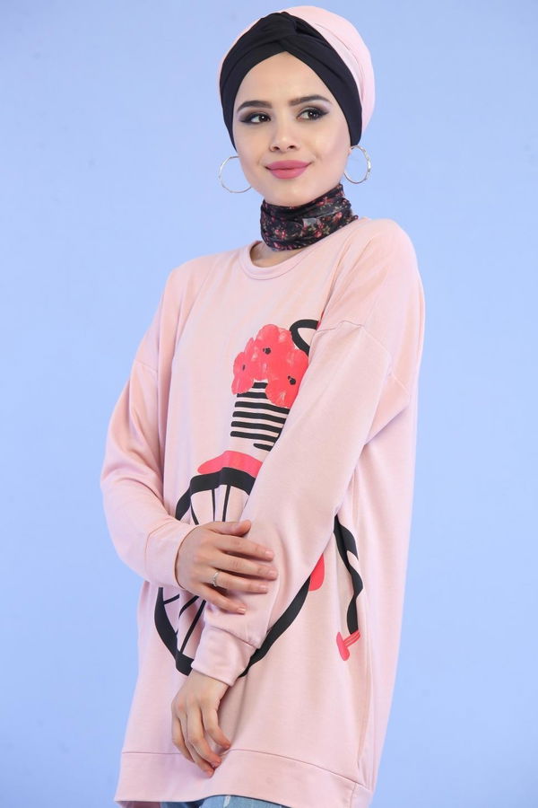 Düz Orta Kadın Pembe Baskılı Tunik Lacivert  - 5110 PEMBE