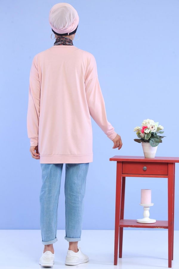 Düz Orta Kadın Pembe Baskılı Tunik Lacivert  - 5110 PEMBE