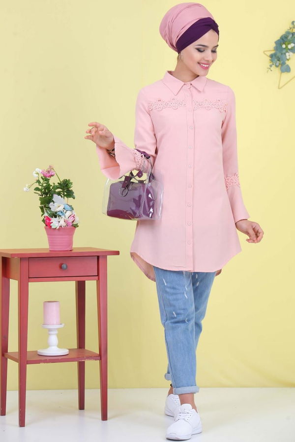 Düz Orta Kadın Pembe Nakışlı Tunik Pudra  - 6940