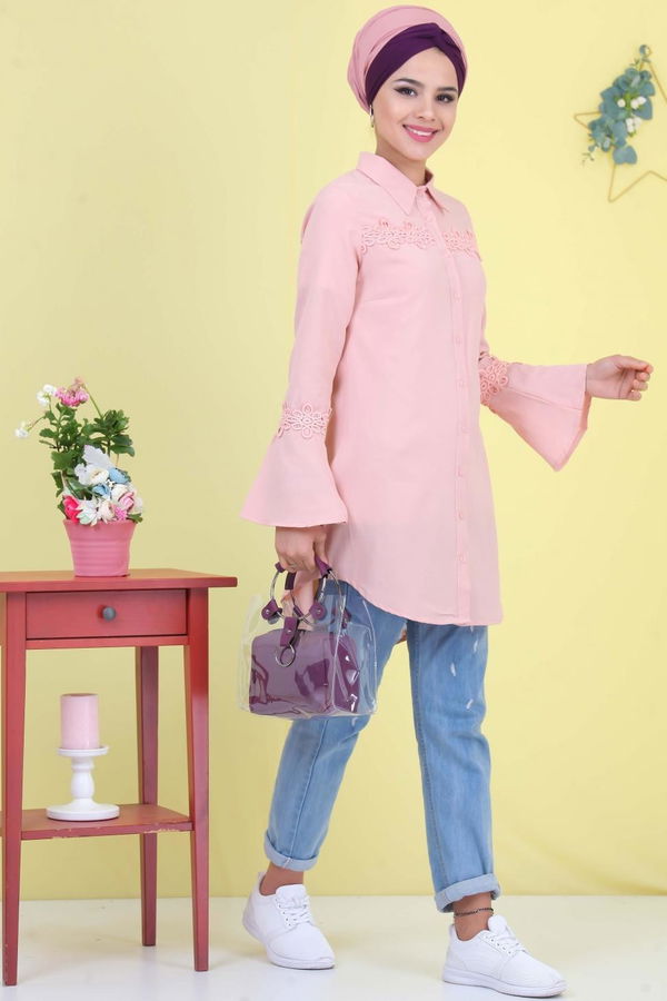 Düz Orta Kadın Pembe Nakışlı Tunik Pudra  - 6940