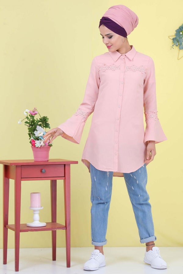 Düz Orta Kadın Pembe Nakışlı Tunik Pudra  - 6940