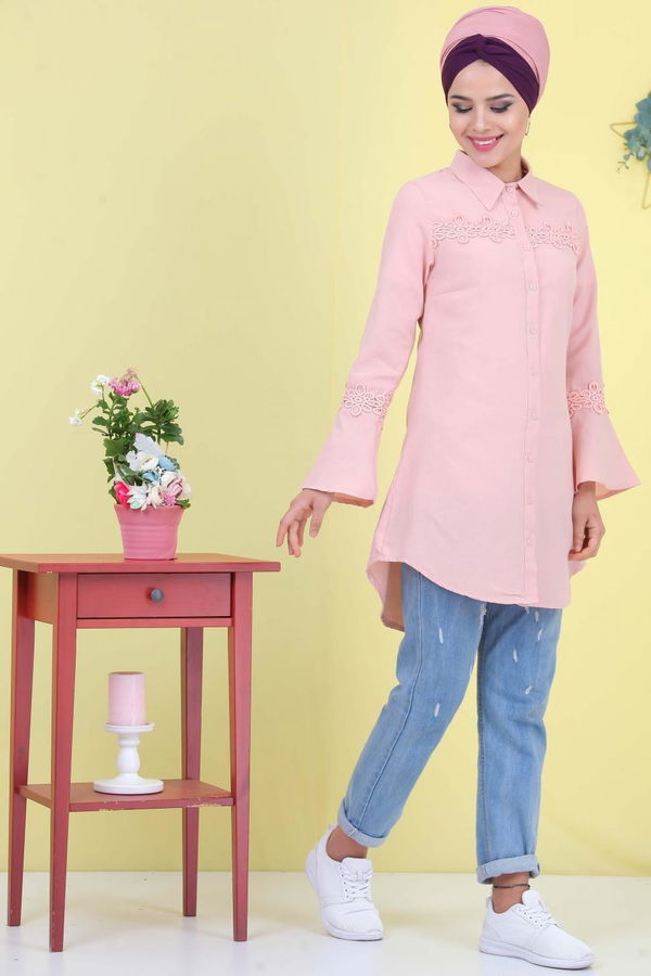 Düz Orta Kadın Pembe Nakışlı Tunik Pudra  - 6940