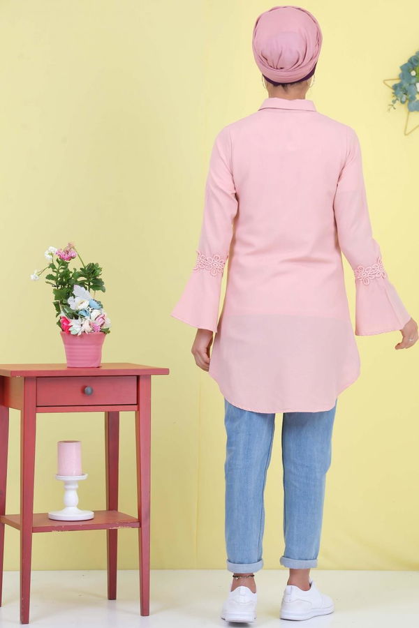 Düz Orta Kadın Pembe Nakışlı Tunik Pudra  - 6940