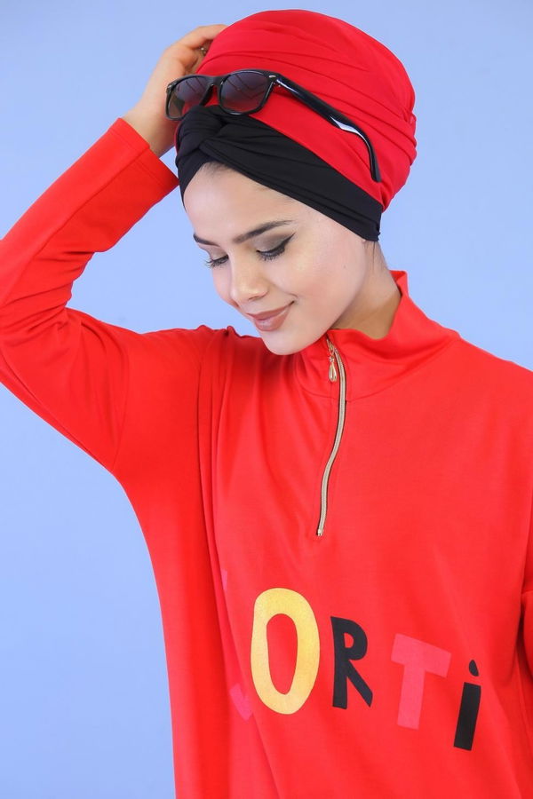 Düz Orta Kadın Kırmızı Baskılı Tunıik Haki  - 5117 Kırmızı