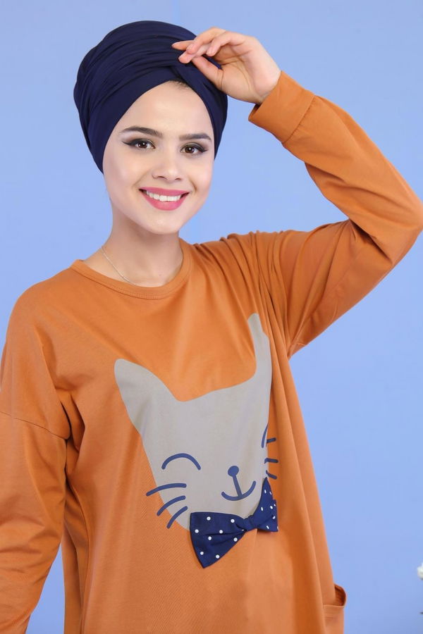 Düz Orta Kadın Taba Baskılı Cepli Tunik Siyah  - 6971 TABA
