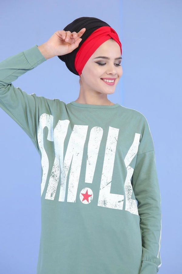 Düz Orta Kadın Yeşil Smıle Baskılı Tunik Siyah  - 6973 YEŞİL