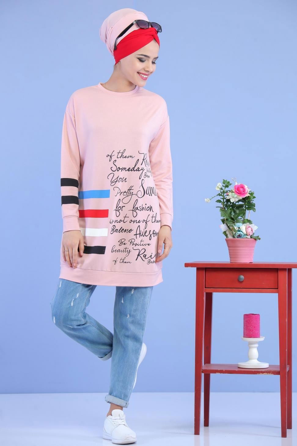 Düz Orta Kadın Pembe Baskılı Tunik Haki  - 5115