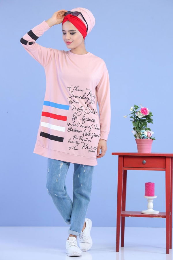 Düz Orta Kadın Pembe Baskılı Tunik Haki  - 5115