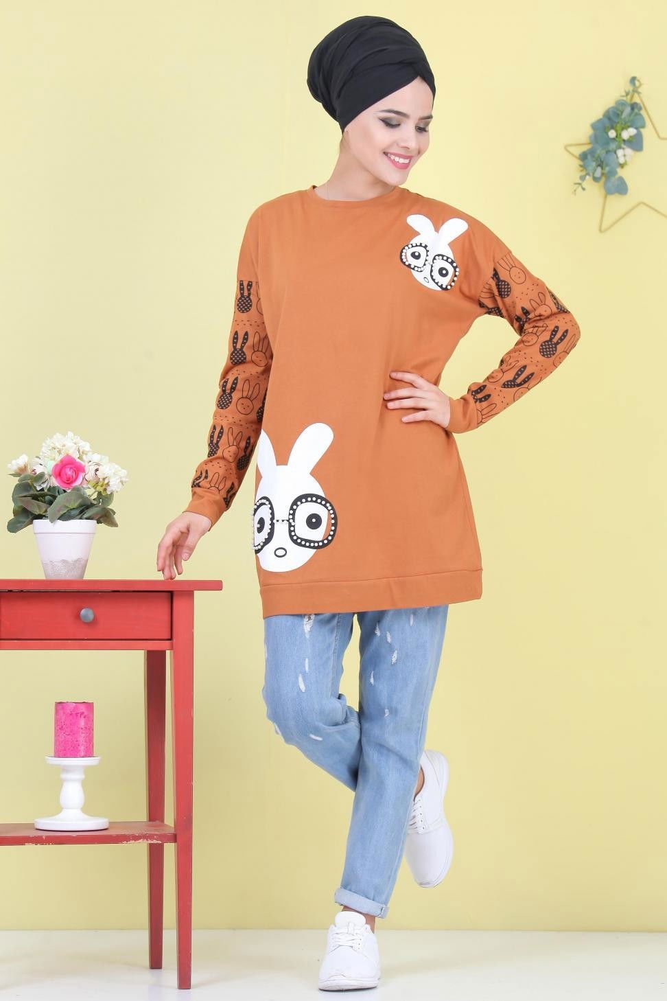 Düz Orta Kadın Taba Baskılı Tunik Siyah  - 6976