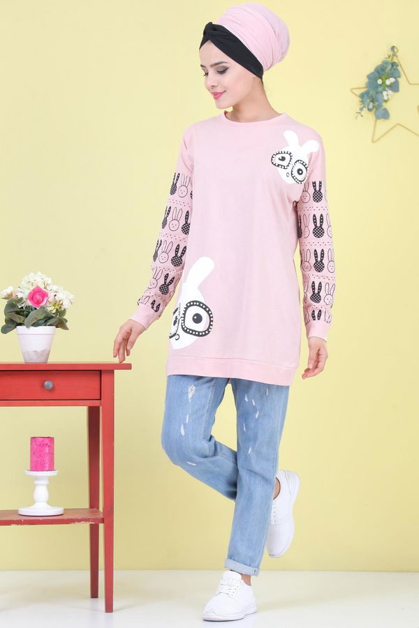 Düz Orta Kadın Pembe Baskılı Tunik Siyah  - 6976