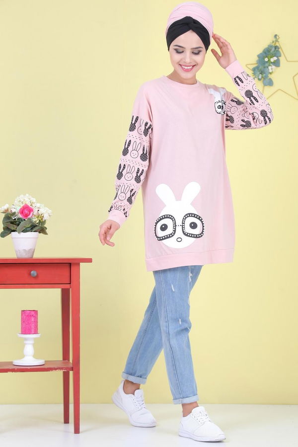 Düz Orta Kadın Pembe Baskılı Tunik Siyah  - 6976