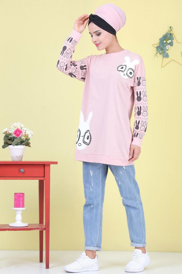 Düz Orta Kadın Pembe Baskılı Tunik Siyah  - 6976