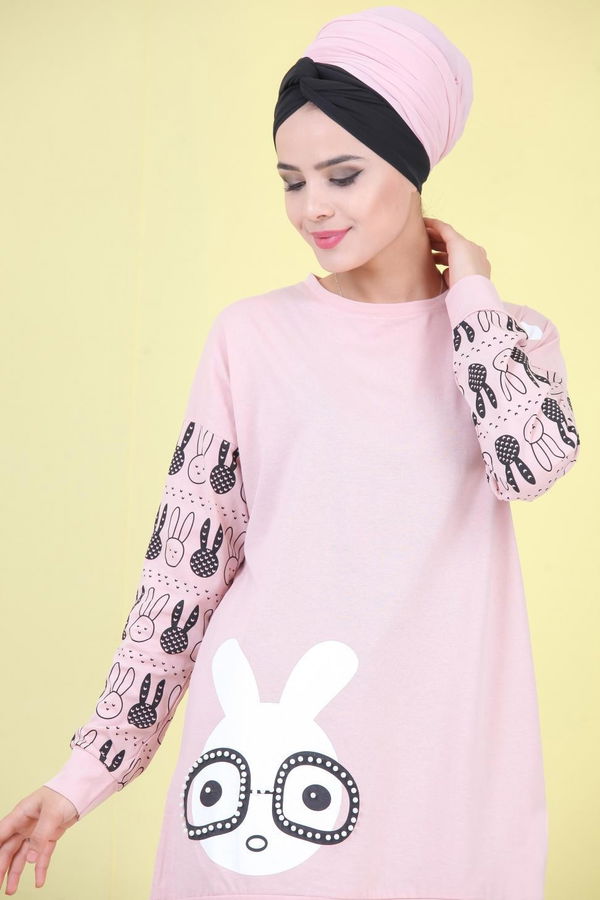 Düz Orta Kadın Pembe Baskılı Tunik Siyah  - 6976
