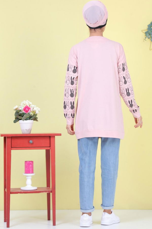 Düz Orta Kadın Pembe Baskılı Tunik Siyah  - 6976