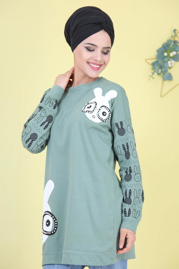 Düz Orta Kadın Yeşil Baskılı Tunik Siyah  - 6976