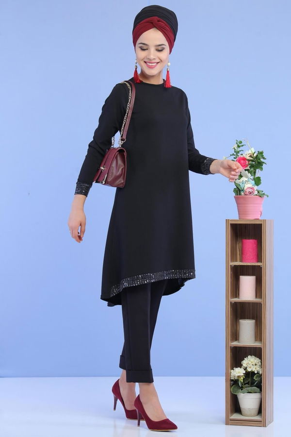 Düz Orta Kadın Siyah Pullu Tunik Siyah - 02 6996 - 6996