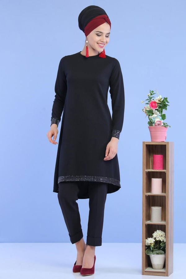 Düz Orta Kadın Siyah Pullu Tunik Siyah - 02 6996 - 6996