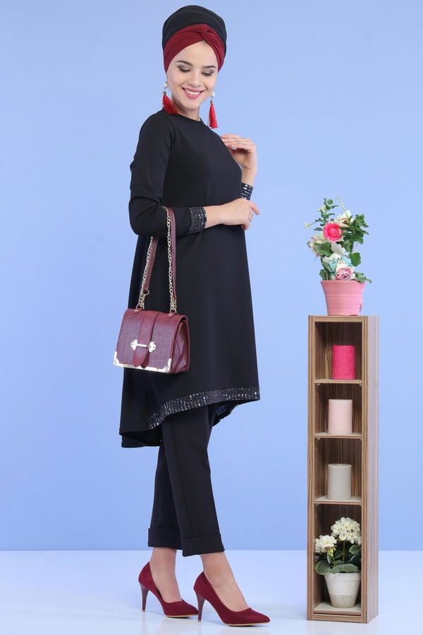 Düz Orta Kadın Siyah Pullu Tunik Siyah - 02 6996 - 6996