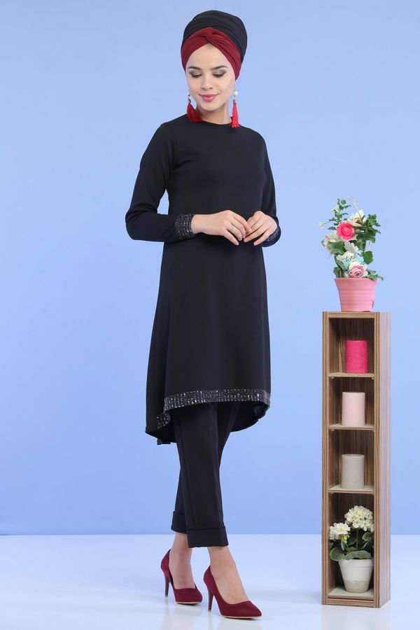 Düz Orta Kadın Siyah Pullu Tunik Siyah - 02 6996 - 6996