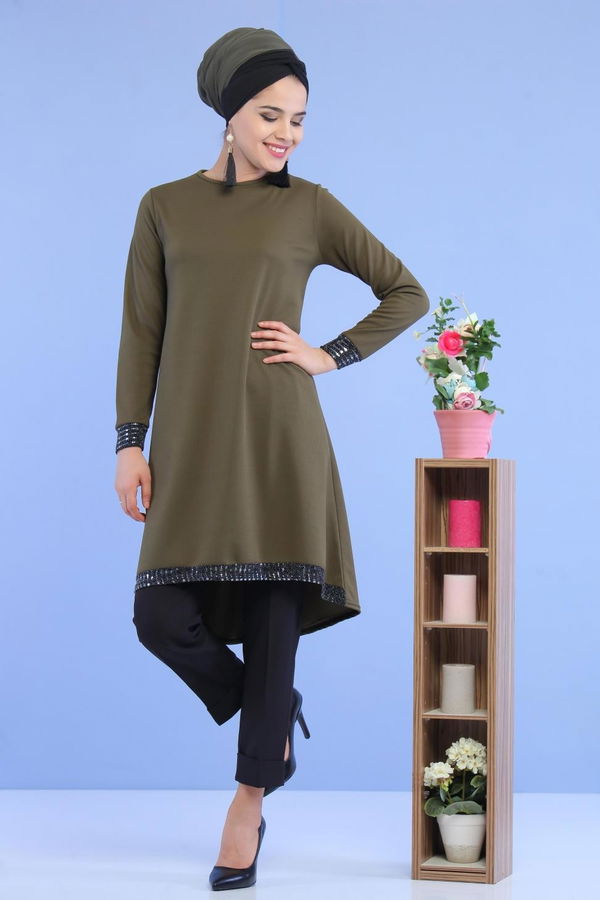 Düz Orta Kadın Haki Pullu Tunik Haki - 02 6996 - 6996