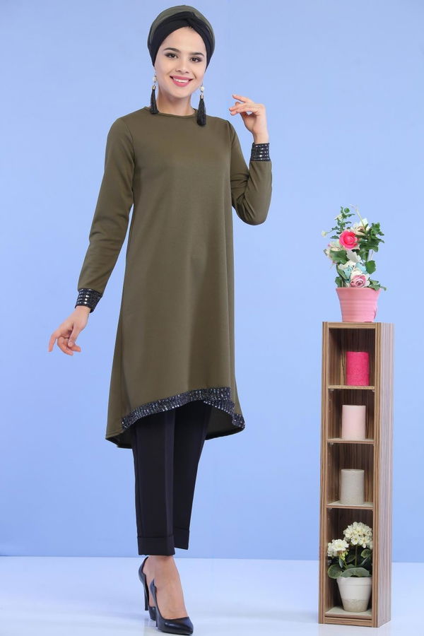 Düz Orta Kadın Haki Pullu Tunik Haki - 02 6996 - 6996