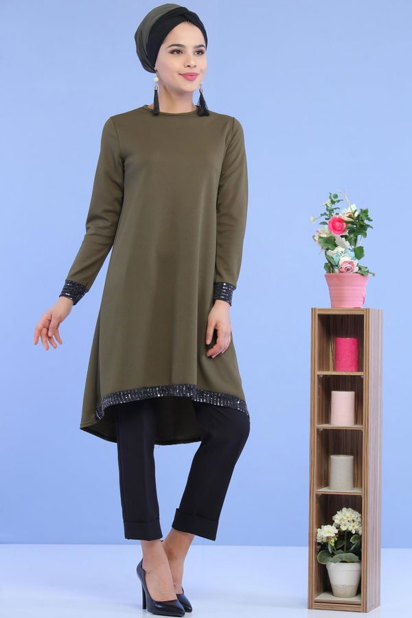 Düz Orta Kadın Haki Pullu Tunik Haki - 02 6996 - 6996