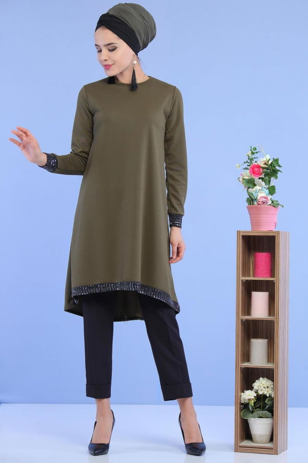 Düz Orta Kadın Haki Pullu Tunik Haki - 02 6996 - 6996