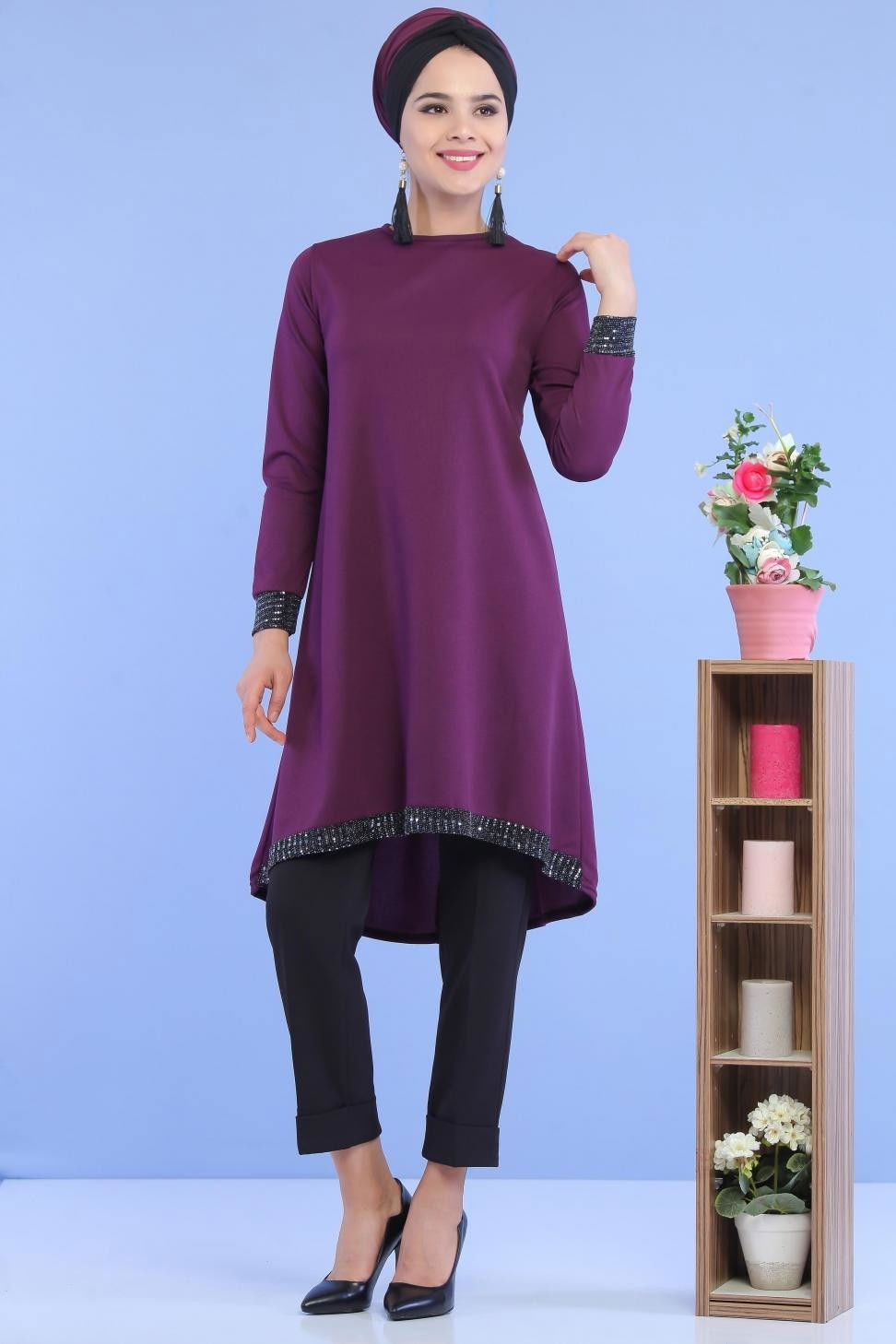Düz Orta Kadın Mürdüm Pullu Tunik Mürdüm - 02 6996 - 6996
