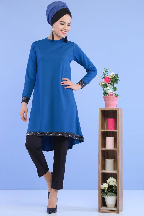 Düz Orta Kadın Mavi Pullu Tunik Mavi - 02 6996 - 6996