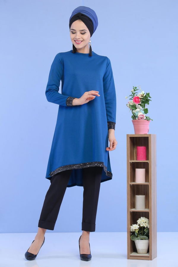 Düz Orta Kadın Mavi Pullu Tunik Mavi - 02 6996 - 6996