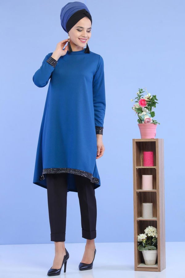 Düz Orta Kadın Mavi Pullu Tunik Mavi - 02 6996 - 6996