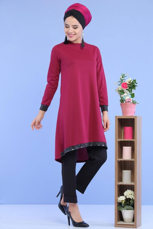 Düz Orta Kadın Mor Pullu Tunik Mor - 02 6996 - 6996 MOR