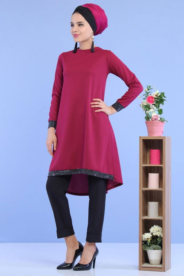 Düz Orta Kadın Mor Pullu Tunik Mor - 02 6996 - 6996 MOR
