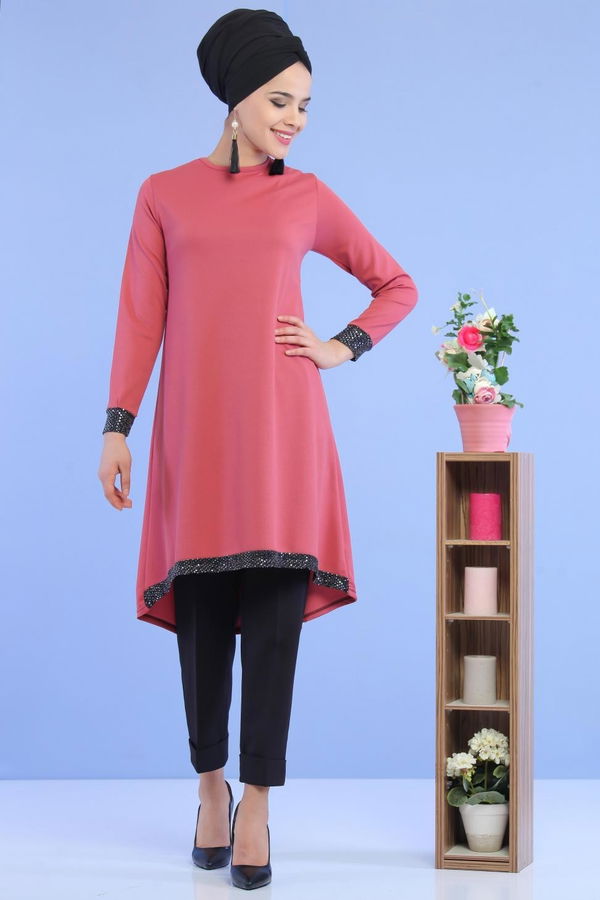 Düz Orta Kadın Pembe Pullu Tunik Gülkurusu - 02 6996 - 6996