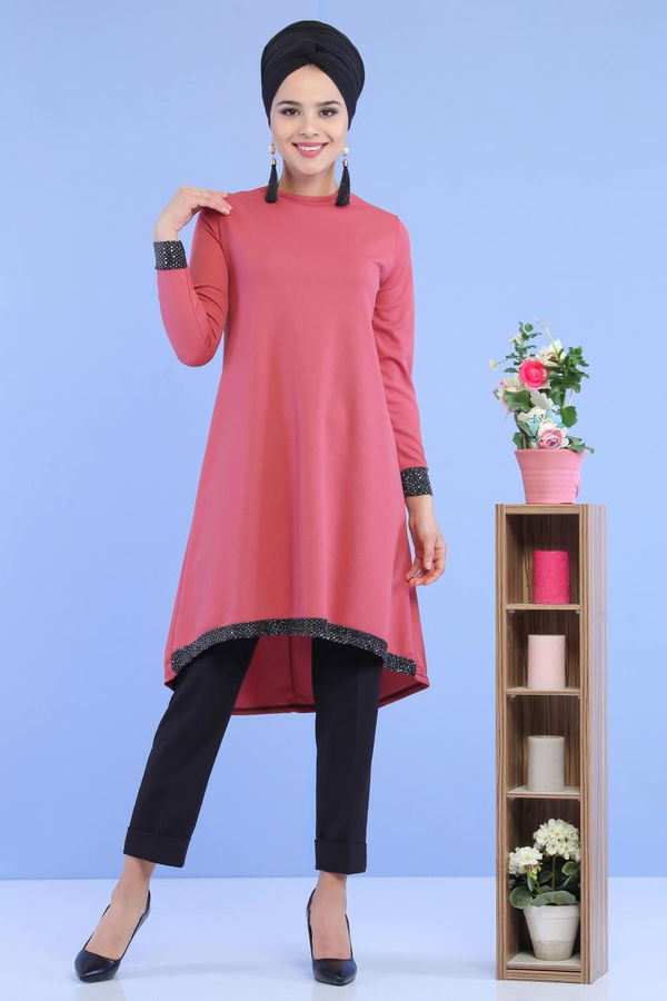 Düz Orta Kadın Pembe Pullu Tunik Gülkurusu - 02 6996 - 6996