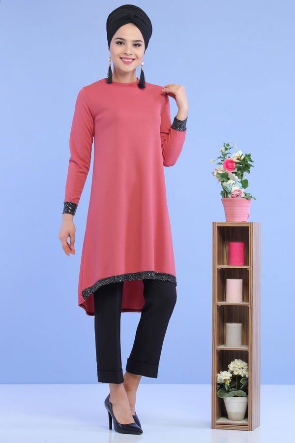 Düz Orta Kadın Pembe Pullu Tunik Gülkurusu - 02 6996 - 6996
