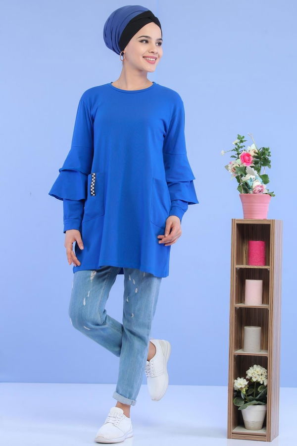 Düz Orta Kadın Mavi Fırfırlı Cepli Tunik Saks - 02 6999 - 6999