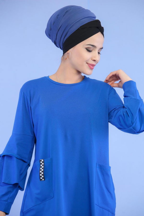 Düz Orta Kadın Mavi Fırfırlı Cepli Tunik Saks - 02 6999 - 6999