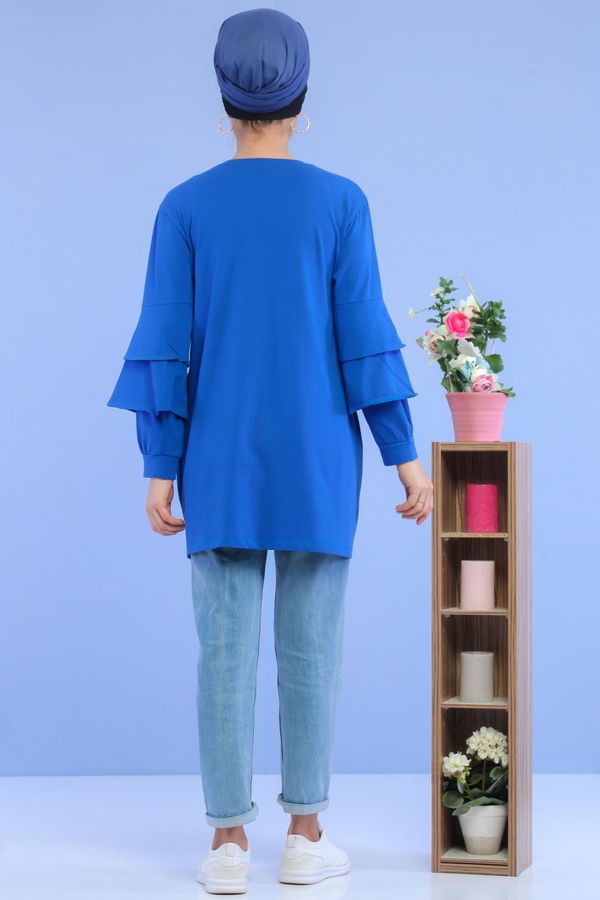Düz Orta Kadın Mavi Fırfırlı Cepli Tunik Saks - 02 6999 - 6999