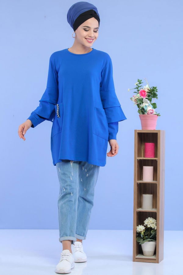Düz Orta Kadın Mavi Fırfırlı Cepli Tunik Saks - 02 6999 - 6999