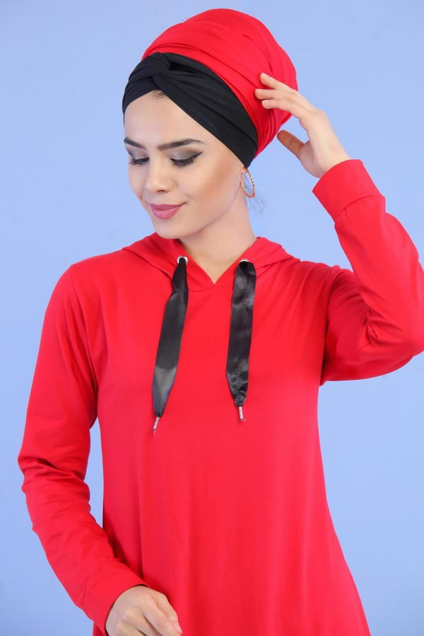 Düz Orta Kadın Bordo Kapşonlu Tül Detay Tunik Bordo - 02 7011 - 7011