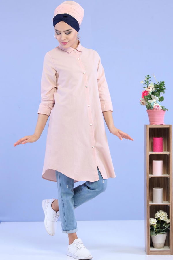 Düz Orta Kadın Pembe Tunik Siyah  - 6978