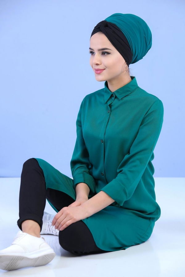 Düz Orta Kadın Yeşil Tunik Siyah  - 6978 YEŞİL