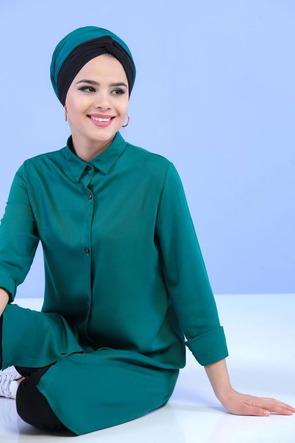 Düz Orta Kadın Yeşil Tunik Siyah  - 6978 YEŞİL